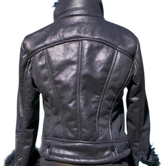 Cache Black Shearling Moto Lined Jacket Front Zipper Sleeve Zippers New NWT $268 - Picture 5 of 10